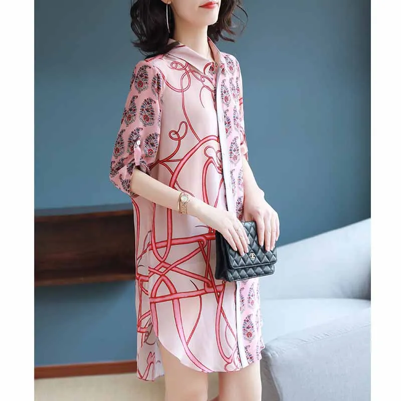 

Fold-down Collar Three-quarter-length Sleeve Printed Mulberry Silk Dress 2019 New Style Summer Elegant Fashion Loose Sundress Ch