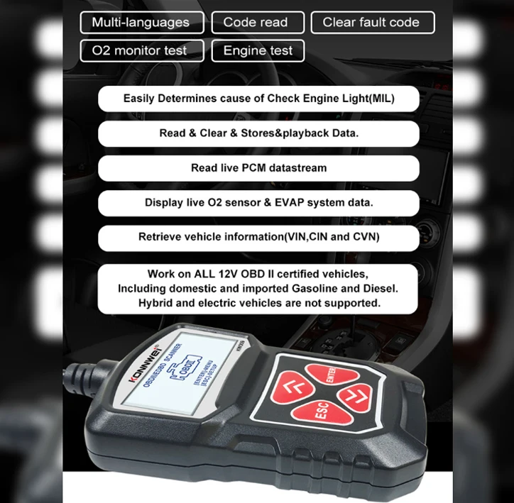 OBDII KW309 Diagnostic Scanner Vehicle Engine Code Reader Diagnosis
