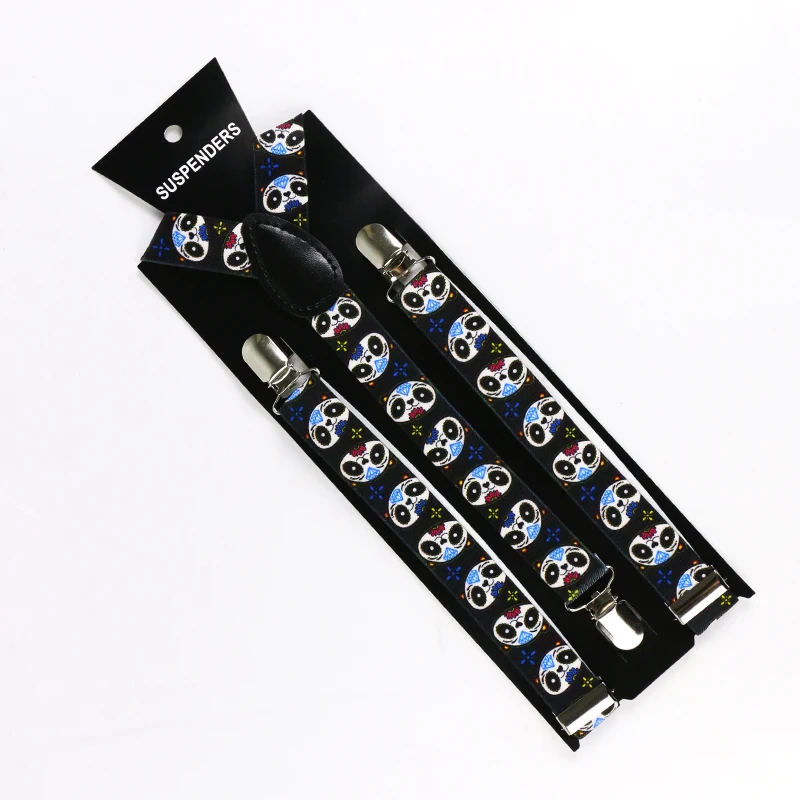 Winfox  New Adult 3 clips On Adjustable Cute Black Panda Animal Print Suspenders Braces For Men Women