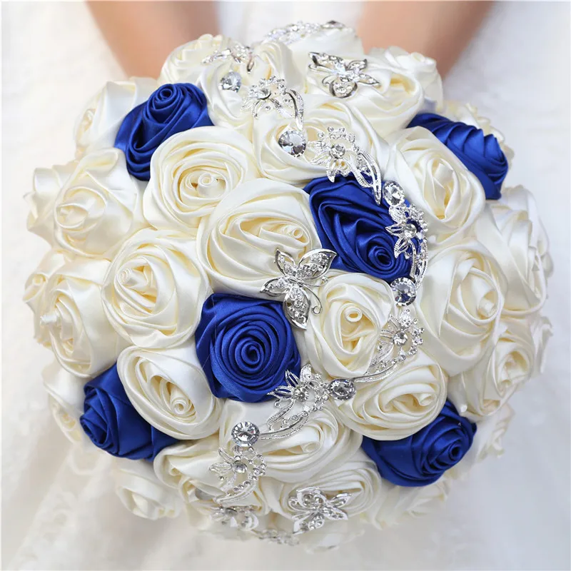 Handmade Large Size Blue Ivory Bridal Bridesmaid Wedding Butterfly Silver Diamond Bouquet Bridal Holding Fowers Buque Noiva W363
