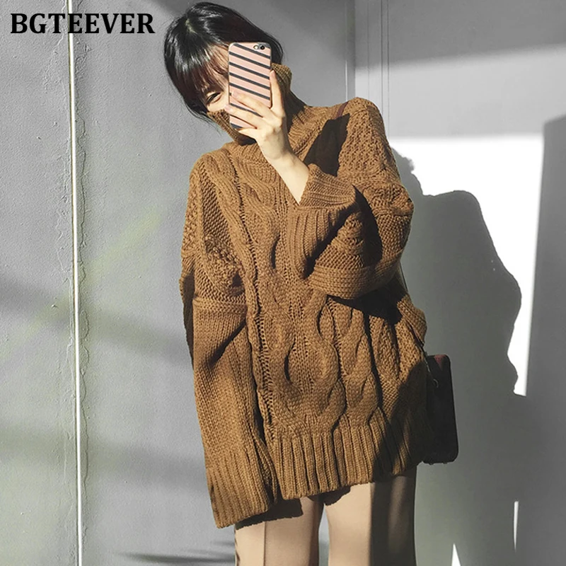 BGTEEVER 2019 зимний свитер с высоким воротом Женский Повседневный Свободный вязаный