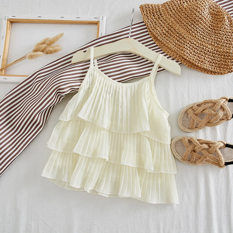 couple clothing sets Summer Fashion Little Girls Clothing Set Chiffon Pearl Pearl Stack-up Sun-top&Wide Leg Pants Korean Cute Kids Clothes Outfits clothing sets for toddler girl