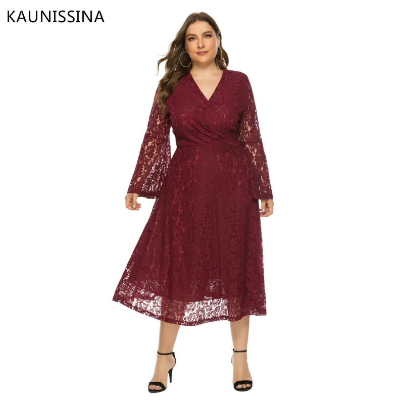 

KAUNISSINA Plus Size Party Dress Lace Evening Robe De Soiree Long Solid V-neck Long Sleeve Elegant Prom Lace Foraml Dresses