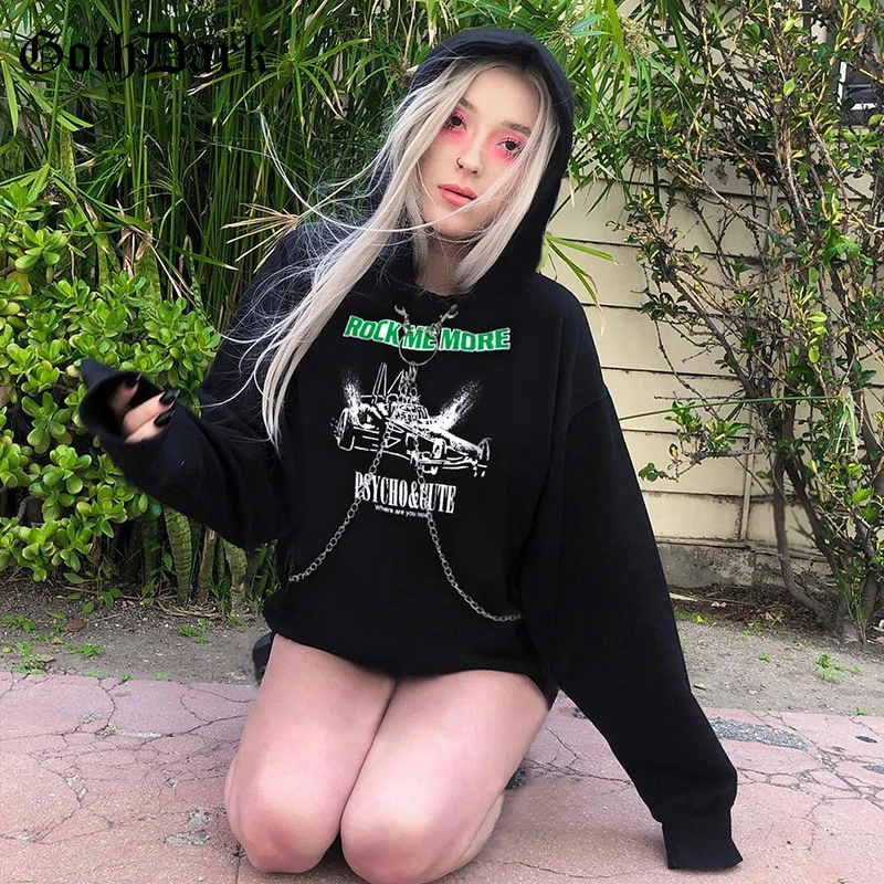 

Goth Dark Black Letter Print Gothic Punk Chain Sweatshirt Women Harajuku Grunge Autumn 2019 Aesthetic Loose Vintage Streetwear