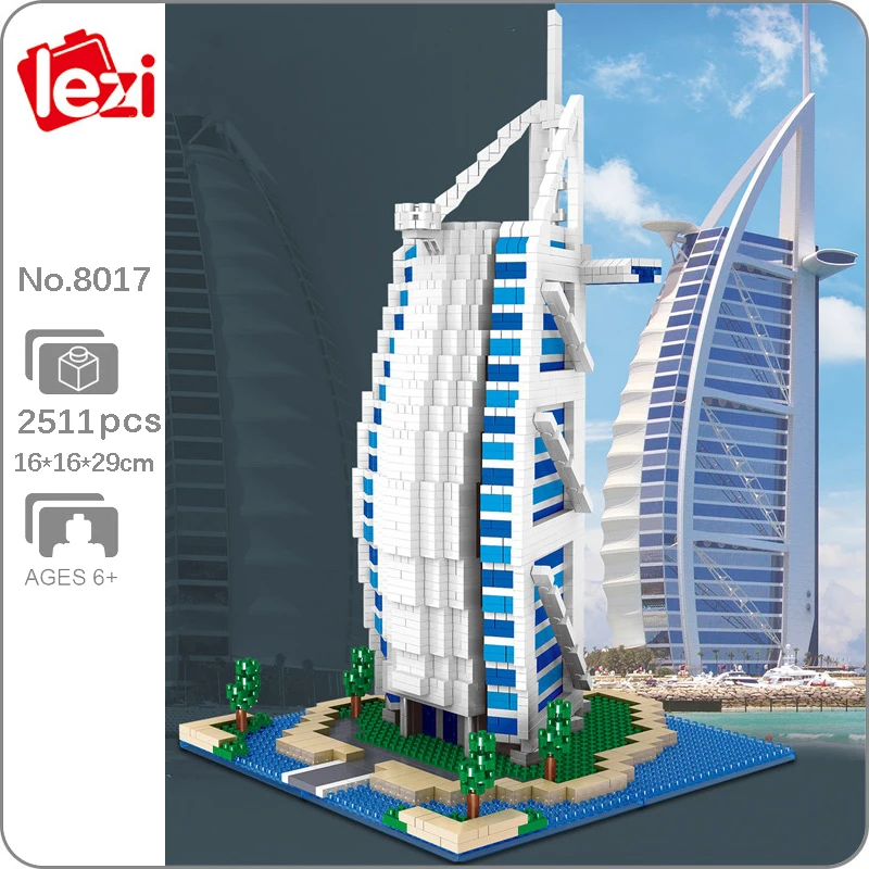 Lezi 8017 World Architecture Dubai Burj Al Arab Hotel Tree River DIY Mini Diamond Blocks Bricks Building Toy for Children no Box | Игрушки и