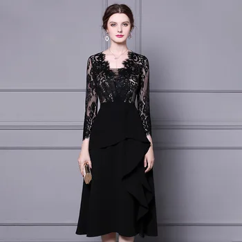 

New 2020 autumn winter women plus size sexy black lace dress V-neck long sleeve patchwork ruffles elegant midi dresses green