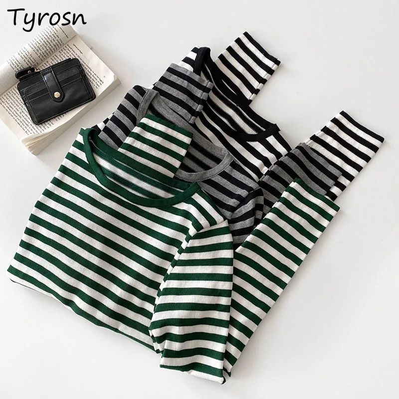 

Striped Long Sleeve T-shirts Women Retro All-match Panelled Cropped Tshirts Design Fashion Tee Streetwear Ulzzang Slim Top Mujer