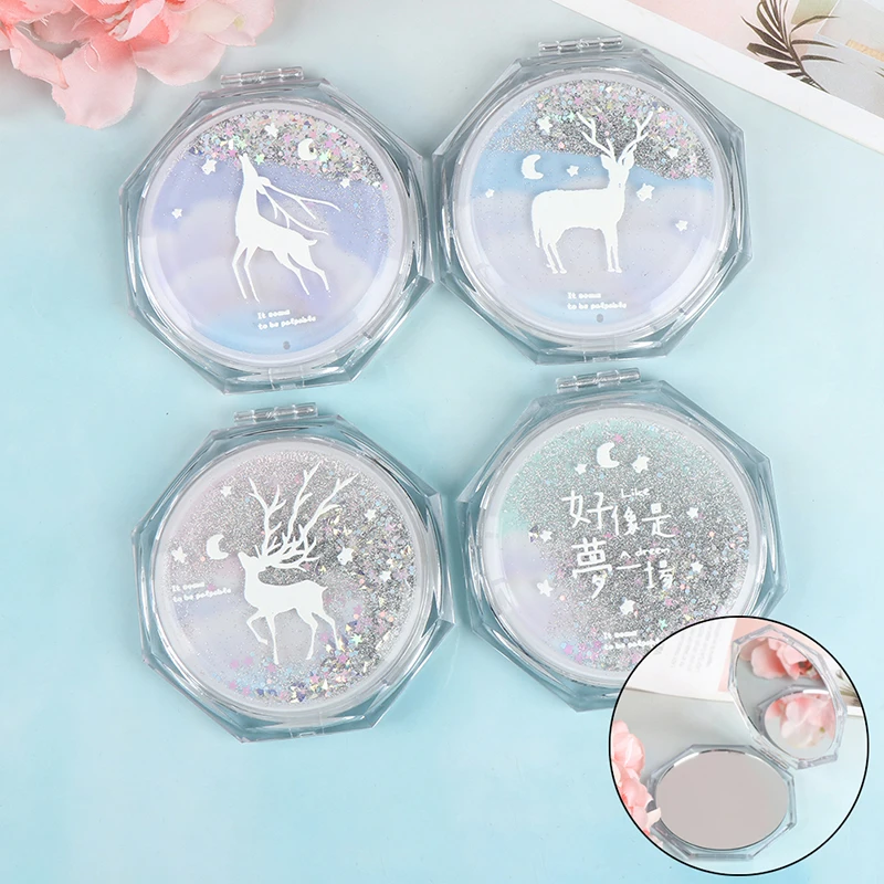 Portable Double-Sided Folding Mini Makeup Mirror With Flowing Sparkling Sand Compact Pocket Mirror Cosmetic Mirror Female Gifts