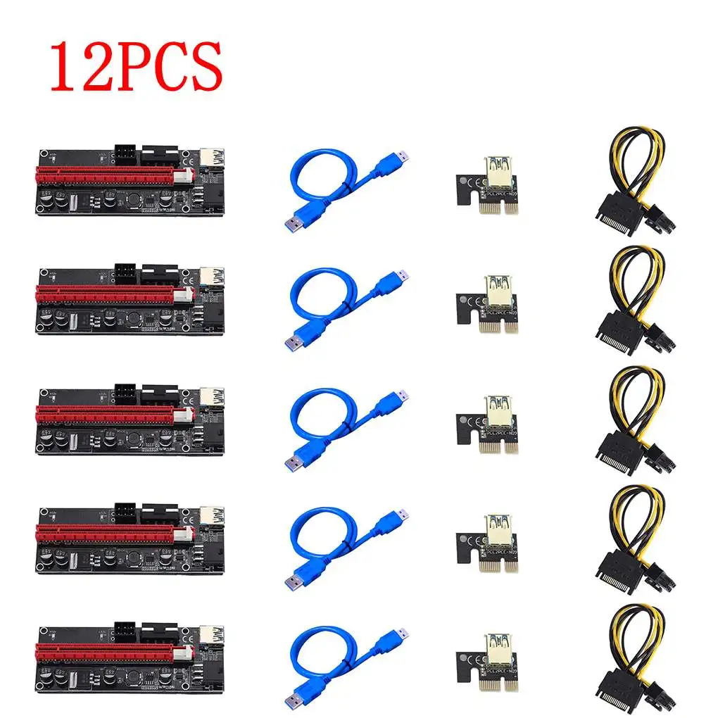 US $55.38 12 Pcs Ver009 Usb 30 PciE Riser Ver 009S Express 1X 4X 8X 16X Extender Riser Adapter Card Sata 15Pin to 6 Pin Power Cable