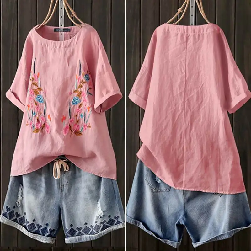

2019 ZANZEA Causal Linen Tops Women's Cotton Blouse Vintage Embroidery Blusas Woman Tunic Short Sleeve Shirts Chemise Oversized