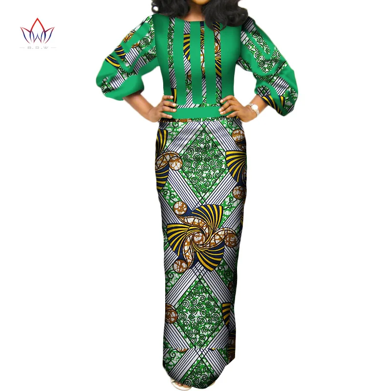 BRW летние африканские хлопковые платья для женщин с О-образным вырезом длинное платье Bazin Riche Макси платье с длинным рукавом Размер Pius WY3387 - Цвет: 28