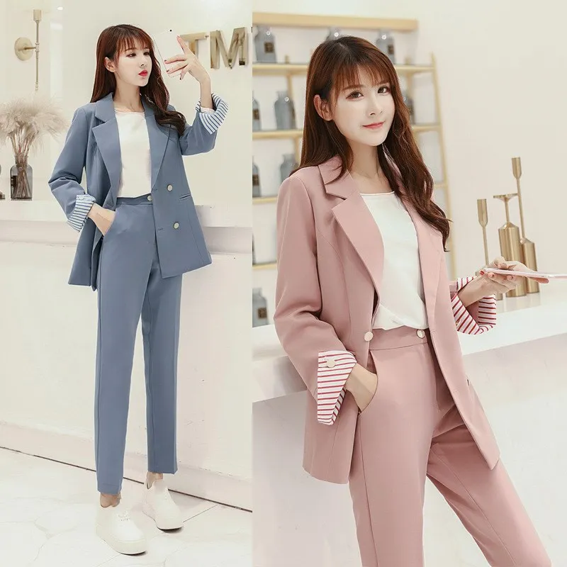 

2019 Striped Sleeve Double Breasted Women Pants Suits Notched Blazer & High Waist Pants Solid Ol Style 2 Pieces Sets