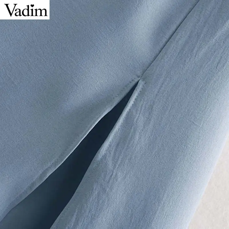 Vadim Женская офисная одежда синее платье миди дизайн пояса v-образный вырез Карманы длинный рукав женские стильные платья однотонные платья QC752