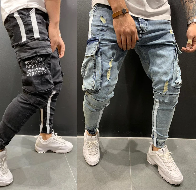 

Patchwork Denim Jeans Men Pencil Pants Slim Fit Biker Skinny Ripped Jean Jogger Big Side Pocket Stripe Hip Hop Cargo Trousers
