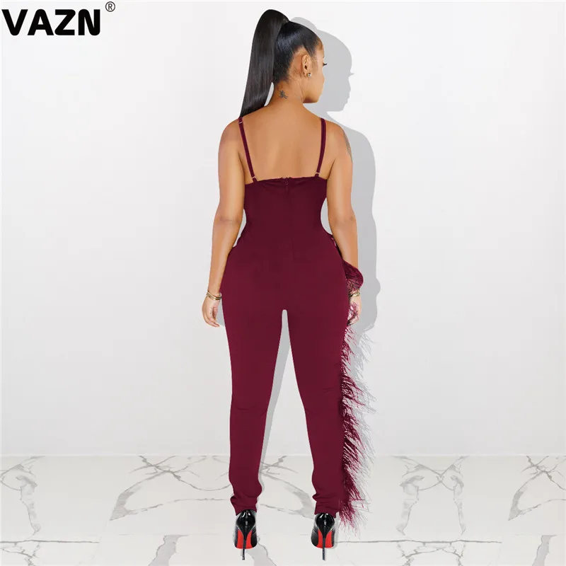 VAZN ME324 Tide Новые Сексуальные женские однотонные длинные штаны длиной до щиколотки с кисточками женские облегающие комбинезоны без рукавов с v-образным вырезом