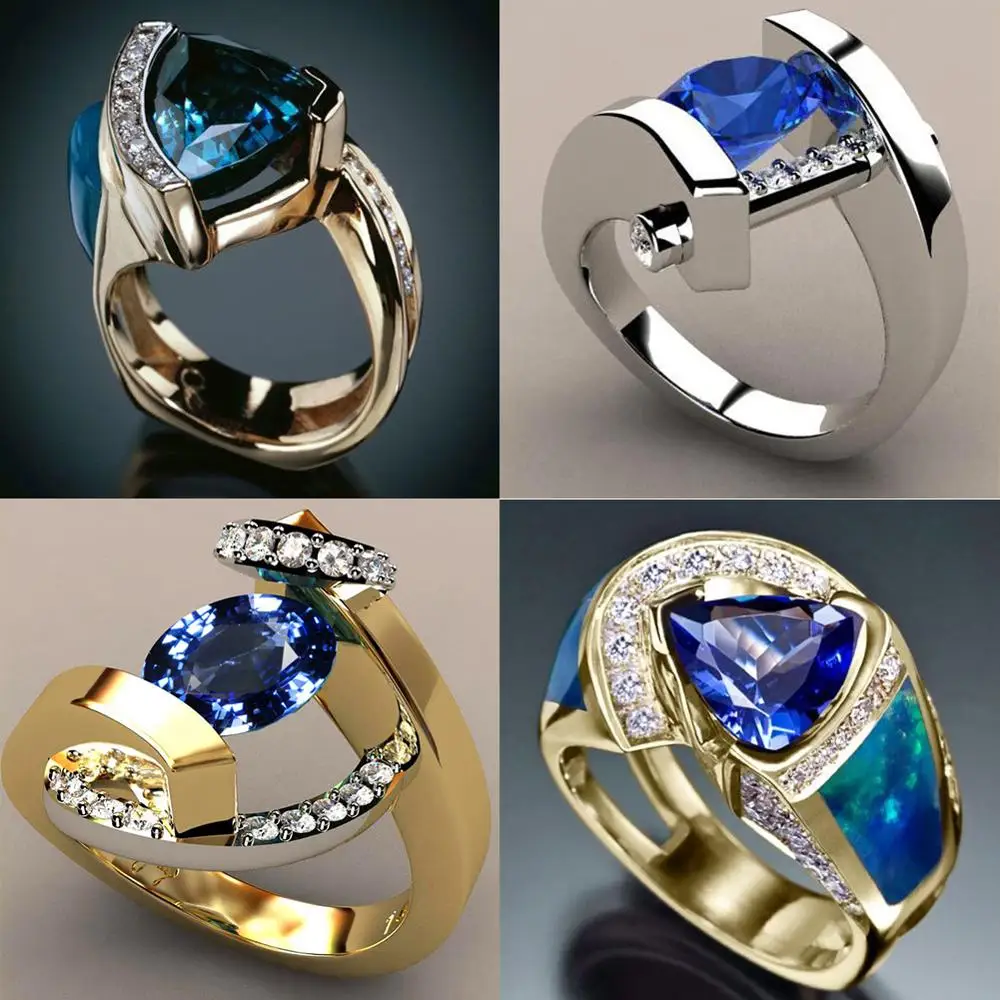 

Luxury Female Crystal Blue Stone Ring Fashion Silver Gold Round Oval Ring Promise Solitaire Wedding Engagement Rings For Women