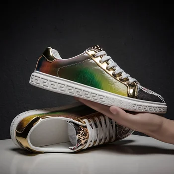 

Summer Fashion Flat Hip hop Sneakers Men Glitter Traners Mirror Color Shoes Leather Outdoor Sports Rainbow Mens Skateboard Shoes