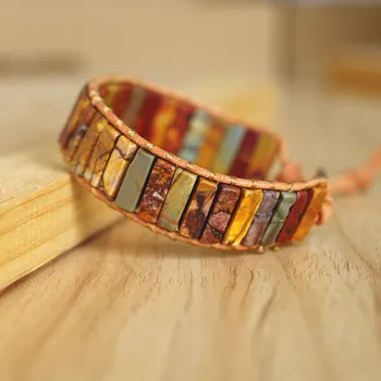 

Chakra Boho Leather Wrap Bracelet & Bangle Picasso Onyx Beads Women Men Bohemia Charm Bracelet Handmade Jewelry Gift