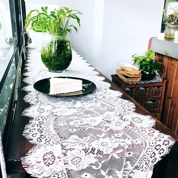 

36*300CM Eyelash Lace Lace Tablecloth Handmade Satin Cutwork Embroidered Table Runners Wedding Party Dinner Table Decor Cloth