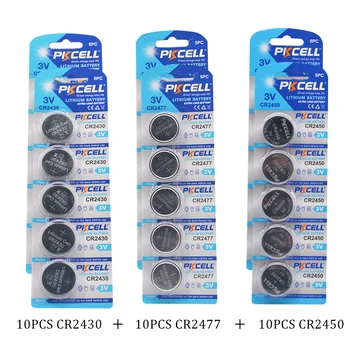 

PKCELL 10Pcs/2Cards CR2430 + CR2477 + CR2450 3V Lithium Battery Button Dry Cell total 30pcs Coin Batteries