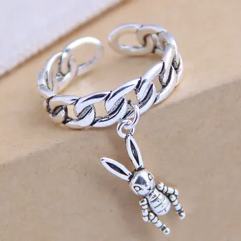 

New Fashion Vintage barque ring long chain antic silver tassel Rabbit ring for women accessories