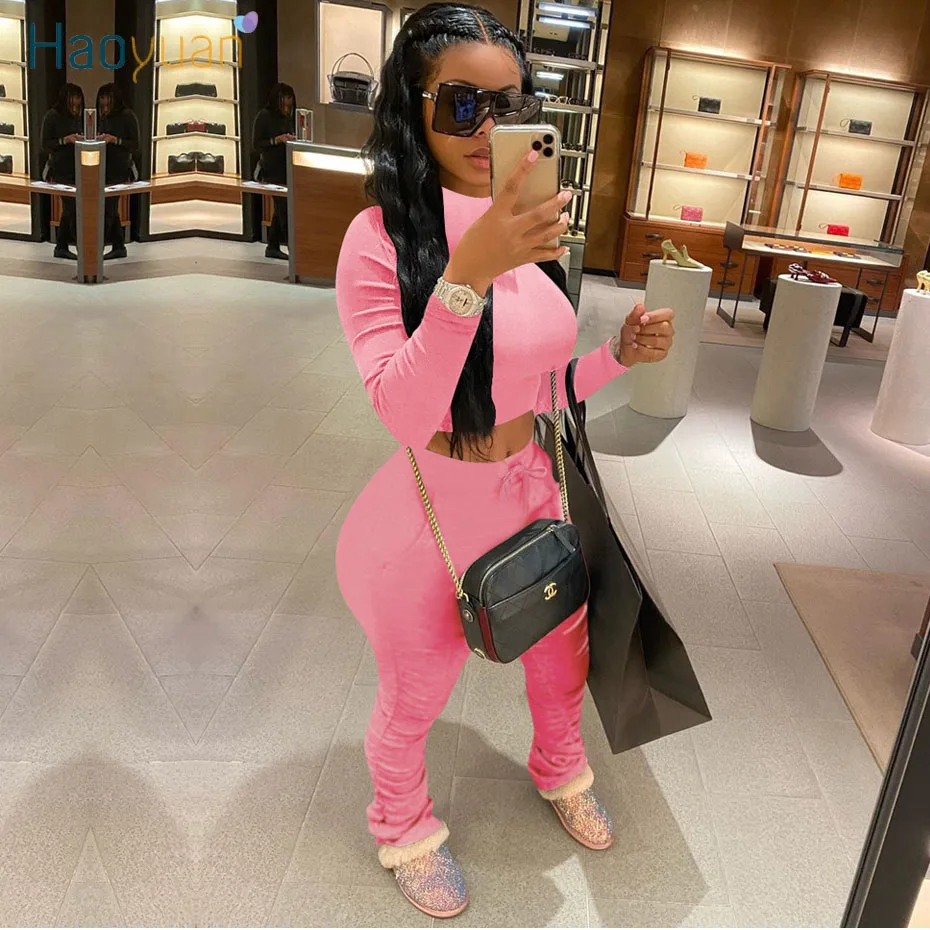 HAOYUAN Two Piece Set Tracksuit Women 2020 Clother Crop Top Stacked Ruched Pant Sweat Suits Plus Size Club Outfits Matching Sets HAOYUAN Two Piece Set Tracksuit Women 2020 Clother Crop Top Stacked Ruched Pant Sweat Suits Plus Size Club Outfits Matching Sets