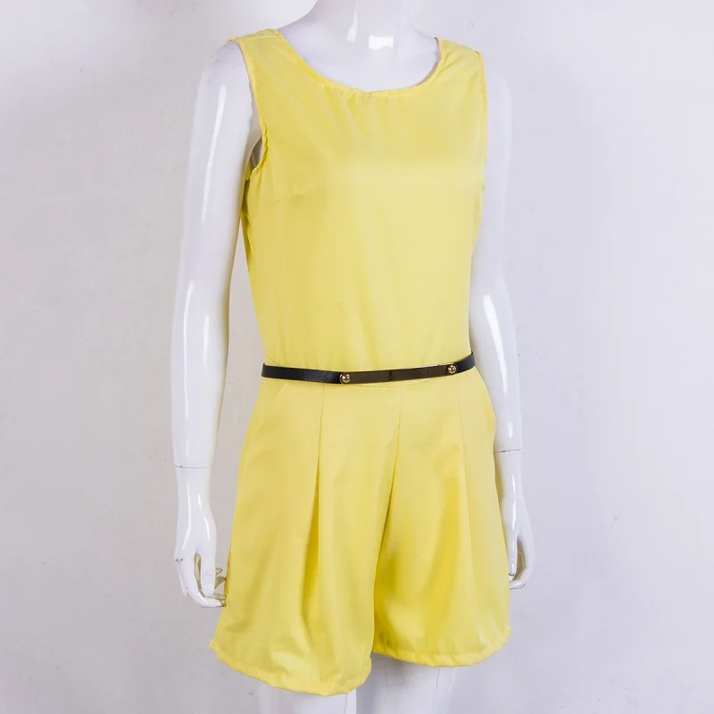 Для женщин OL Твердые свободные Palysuits летнее шифоновое платье с оборками без рукавов для девушек Хай-стрит, детские комбинезоны - Цвет: Belt Yellow