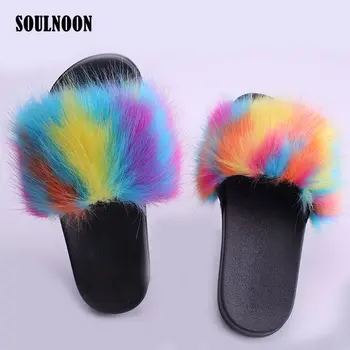 

Faux Fur Slippers Women Summer Fluffy Slides Flat Indoor Home Slippers Ladies Fur Flip Flops Casual Plush Beach Sandals Shoes