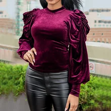 

New Women Long Sleeve T-Shirt Gold Velvet Puff Sleeves Half High Collar Slim Pullover Elegant Casual OL Commuter Spring Lady Top