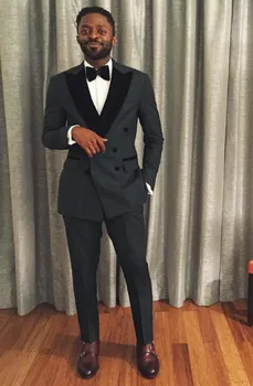 

Latest Coat Pant Designs Dark Gray Groom Tuxedos Black Lapel Blazer Mens Wedding Prom Dinner Suits Double Breasted Best Man Suit