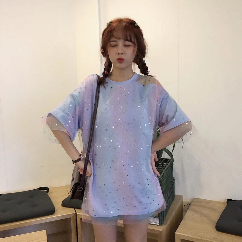 

Mesh O-neck T-shirt Women Harajuku Fashion Sequins Loose Short-sleeved Comfortable T-shirt Cute Elegant Sexy Street Simple Shirt