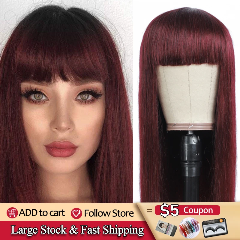 Straight Brazilian Bang Wig 99J Human Hair Wigs With Bangs For Black Women Remy Long Inch Full Machine Human Hair Wig 150% KEMY