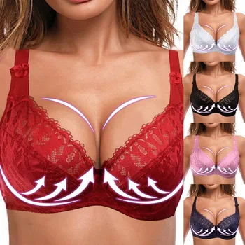 

Women Lace Bra Full Figure Solid Color Plus Size Bow Adjustment Gather Underwire Bra