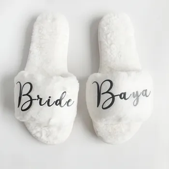 

Custom name any language White Beige Black Flur Slippers Wedding Marriage Bride to be party photo props Bridesmaid gift