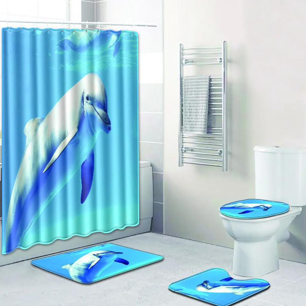 

4 Pcs Non Slip Ocean Cute Dolphin Pattern Toilet Polyester Cover Mat Set Bathroom Accessories Shower Curtain Bath Rug Mat Set