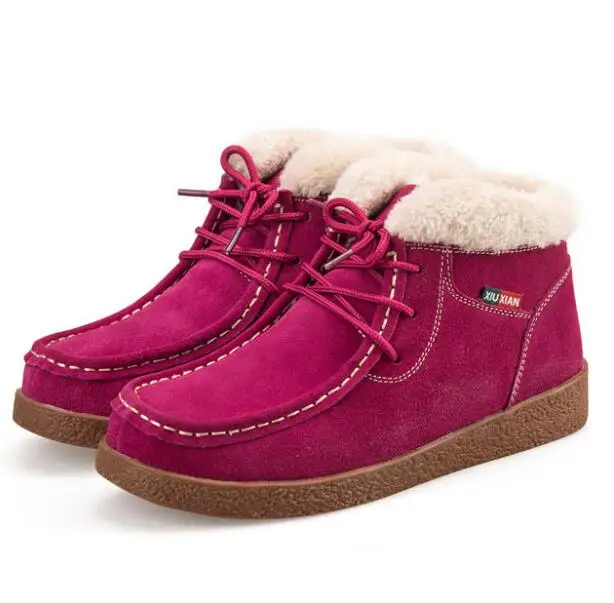 Ботинки из натуральной кожи на плоской подошве; сезон осень-зима; утепленная теплая хлопковая обувь; женские зимние ботинки; женские ботильоны; y725 - Цвет: Розово-красный