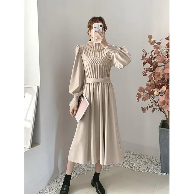 Elegant knitted Patchwork Sweater Dress Women Half Turtleneck Autumn 2020 New Vintage A-line Corduroy Dresses Vestidos With Belt 5