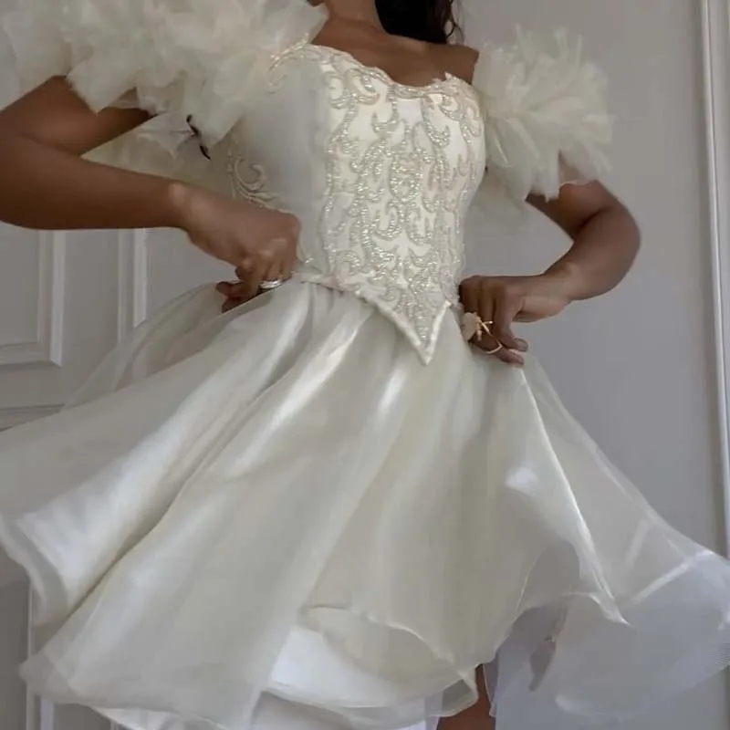 Princess Short Cocktail Dress Off Shoulder Mini Prom Dress Ruffles Women Party Wear Vestidos Appliques Beads Black Girls