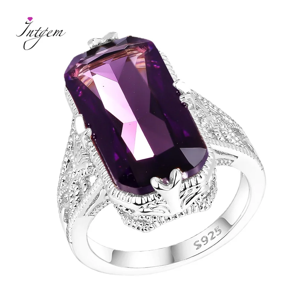 

10*20mm Big Amethyst Gemstone Ring Hollowed-out 925 Sterling Silver Engagement Rings Exaggerated Silver Hand Jewelry For Women