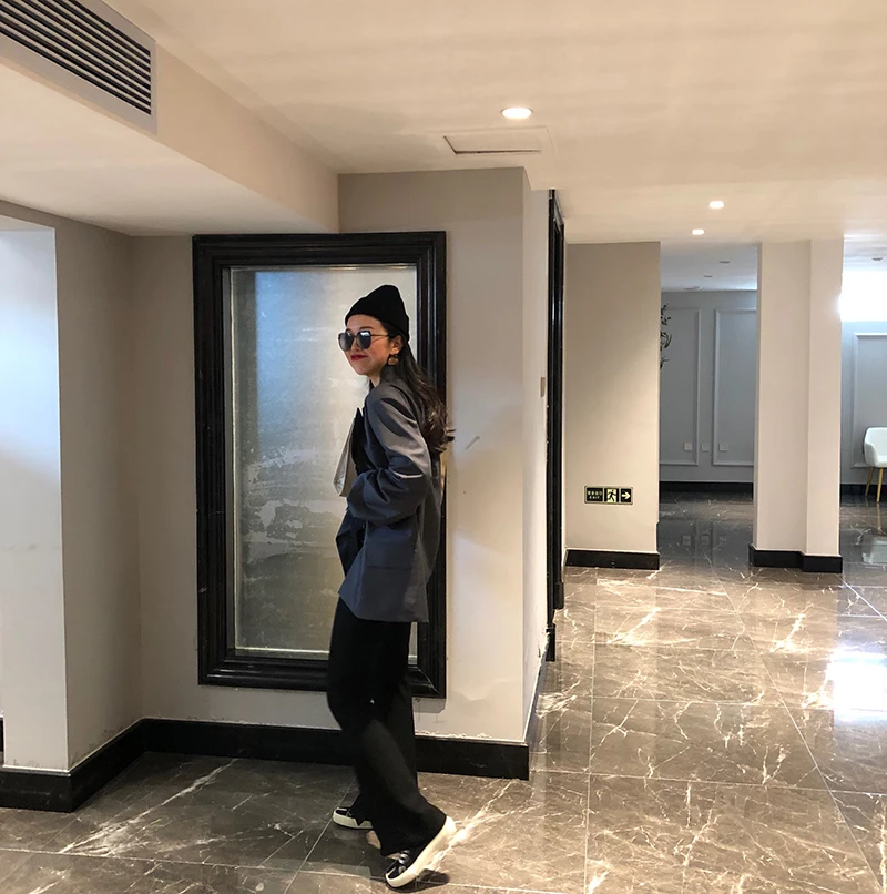 Yamamoto стиль преувеличенный сложенный Фонарь рукава, папа маленький костюм куртка, женский серый повседневный осенний костюм, стиль