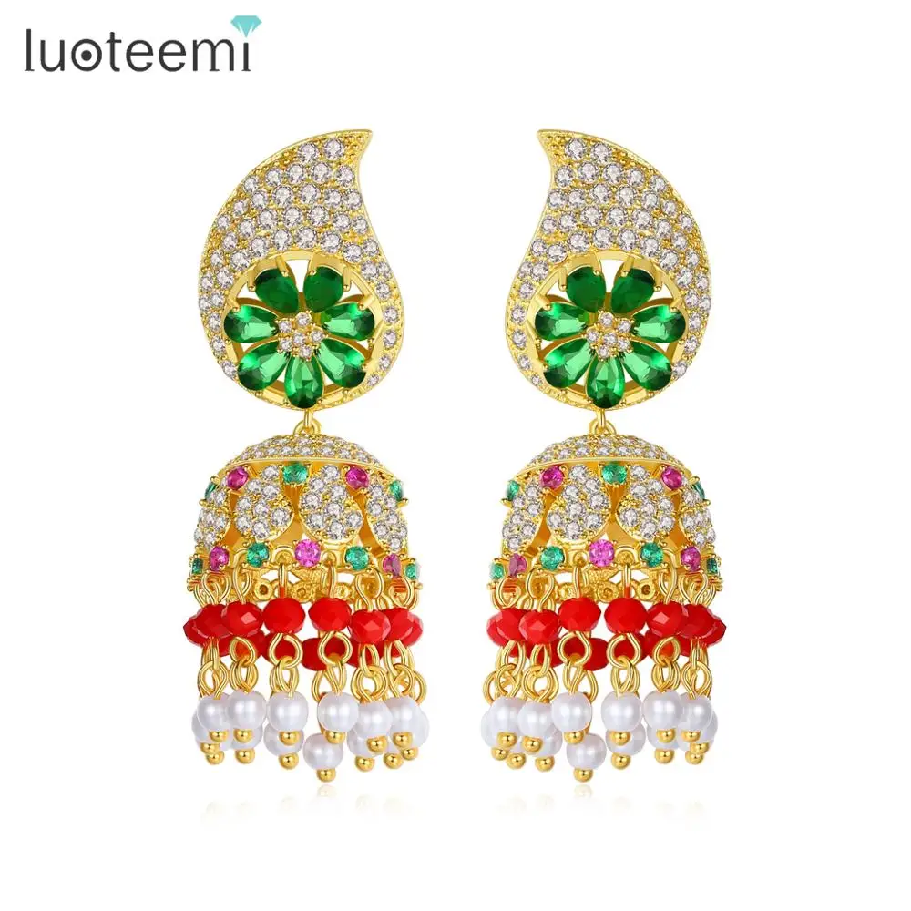 

LUOTEEMI Luxury Design Indian Colorful Big Drop Earrings for Wome Wedding Party with AAA CZ Flower Drop Earrings Fashion Jewelry