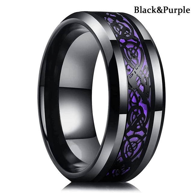 10 Colors 8mm Men's Stainless Steel Celtic Dragon Ring Inlay Red Green Black Carbon Fiber Ring Wedding Band Jewelry Size 6-13 Purple