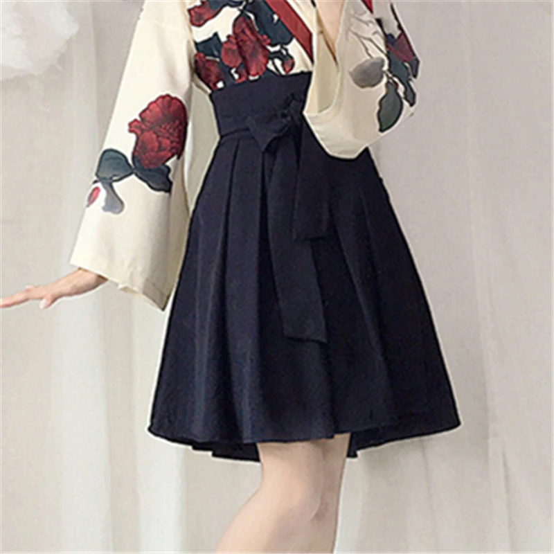Женские вечерние платья в японском стиле ретро-кимоно с цветочным рисунком и длинными рукавами, летняя модная одежда, топ с бантом, юбка Haori для женщин - Цвет: One Black ShortSkirt