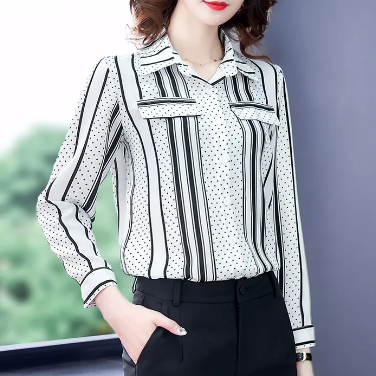 

Anqi Pull Black And White Stripes Chiffon WOMEN'S Blouse Loose-Fit 2019 New Style Autumn Clothing Long-sleeve Blouse Tops