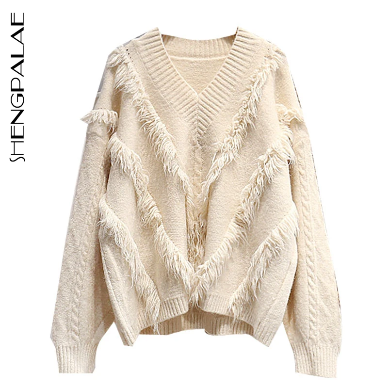 

SHENGPALAE New Spring Autumn 2019 Korea Style Full Lantern Sleeve Pullover With Tassel V-neck Women Loose Sweater Tide FR628