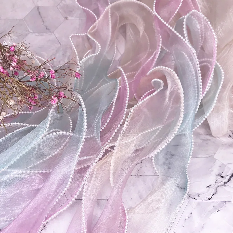 Pearl Overlaid Gradient Colorful Yarn Organza Ribbon for DIY Craft Gift Wrapping Hair Bowknot Sewing Materials 2yards 55mm