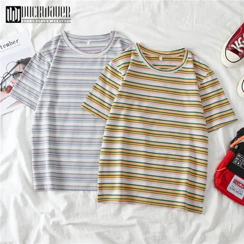 

Duckwaver High Quality Chic Fashion Geometric T-Shirt Women Short Sleeve O-neck Vogue Tops Female Striped Elastic Basic Tee