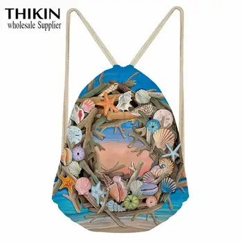 

THIKIN Conch Wreath Print Women Drawstring Bags Kawaii Gift for Mother Ladies Fashion Beach String Storage Feminine Bolsa Girls