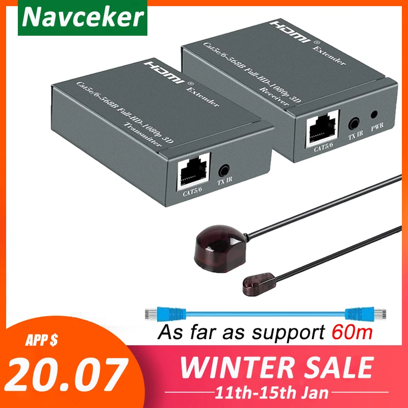 1080P 60 м HDMI удлинитель повторитель по Cat6 Cat7 Ethernet кабели с ИК функцией RJ45 передатчик TX/RX петли|Кабели VGA| |