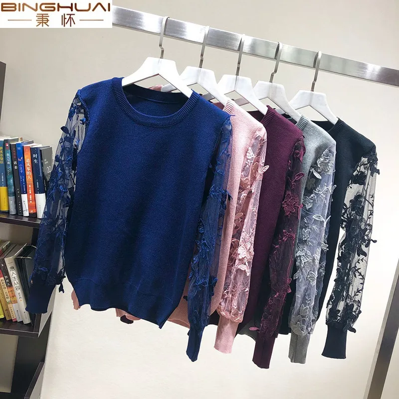 

Women Autumn Winter Mesh Top 3D Embroidery Flower Pullover And Sweater Lace Knitted Patchwork Women Fahion Top Pull Femme